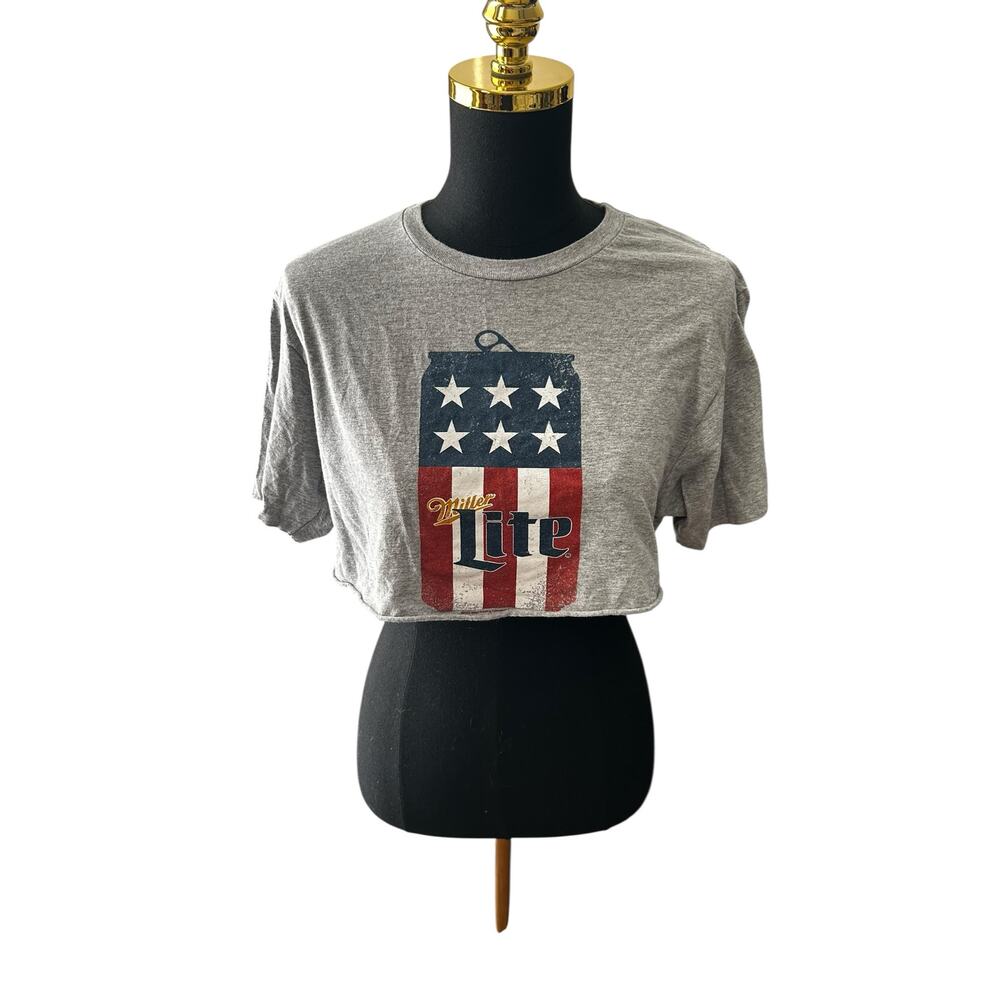Miller Lite Women’s American Flag Can Cropped Gray Graphic Tee Size Medium